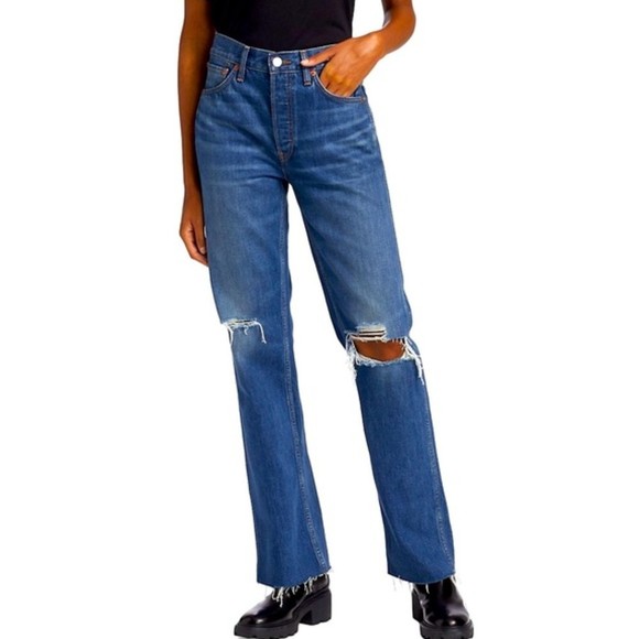 Re/Done Denim - RE/DONE Originals 90s High Rise Loose in Destroyed Broken Blue 29 Button Fly